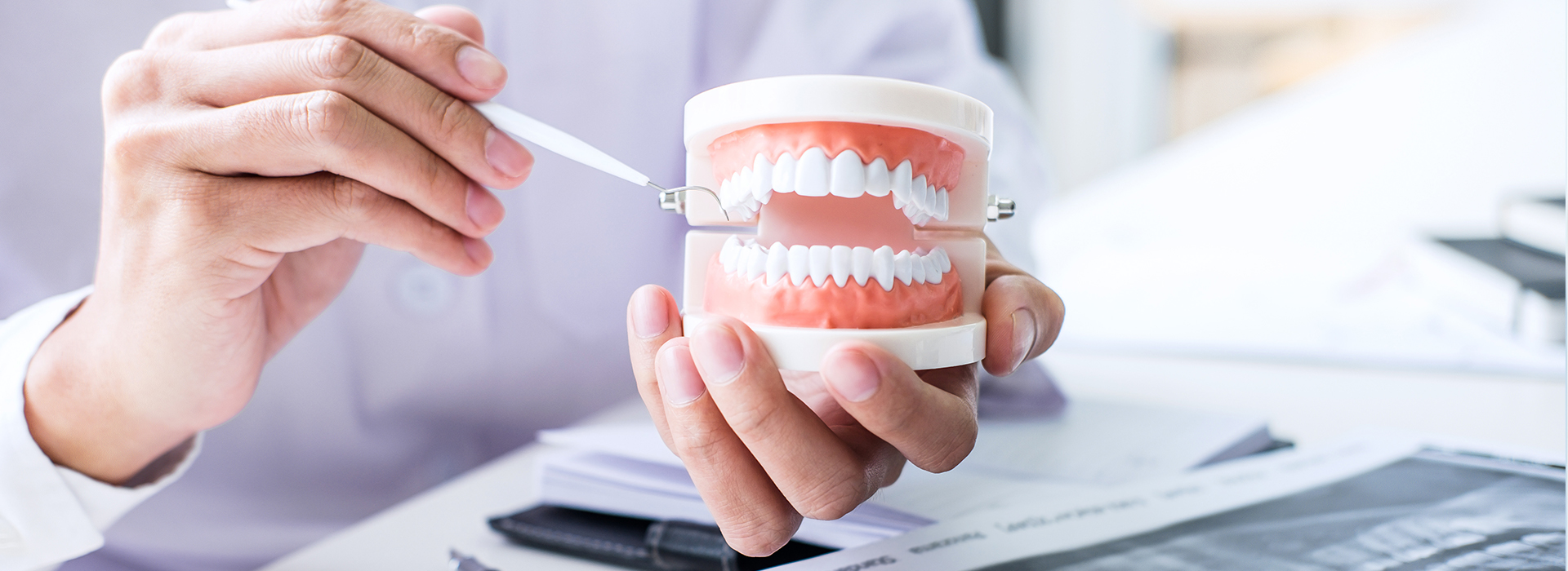 The image shows a person holding a toothbrush with toothpaste over an open mouth model, likely in a dental office setting.