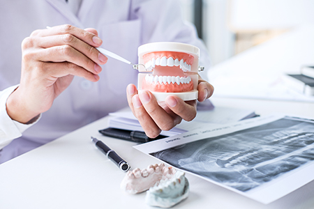 A dentist holding up a model tooth with a magnifying glass, demonstrating dental work.
